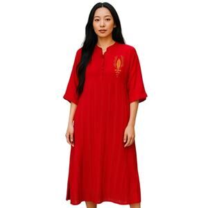 NWOT Saachi Red Cotton Eyelet Bell Sleeve High Slit Maxi Kaftan-XL